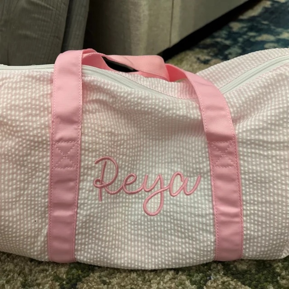Pink Seersucker Duffel Bag with Reya for Travel Ballet Grandmas House